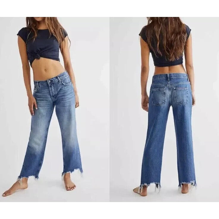 Free People Maggie Straight Leg Jeans Mid Rise Raw Hem - 30