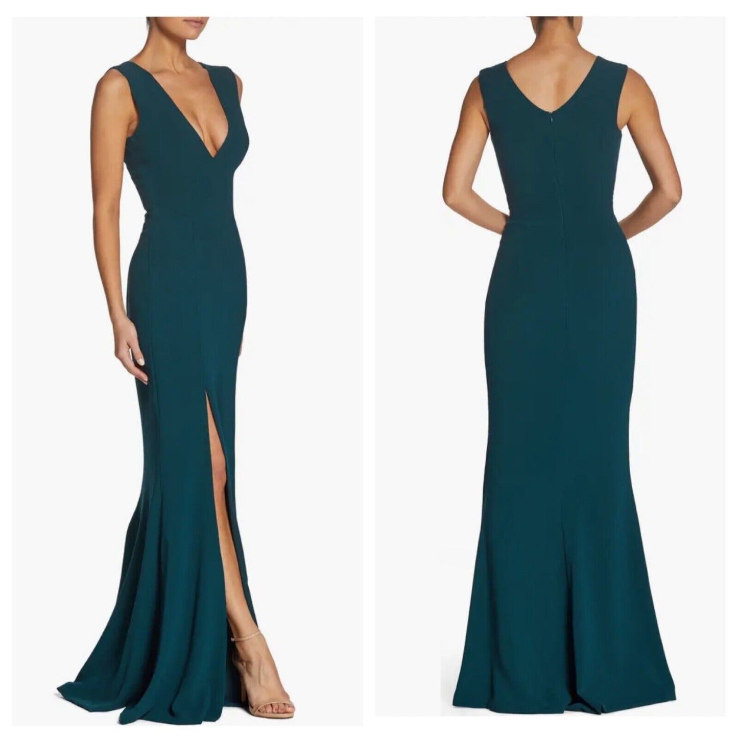 Dress the Population Sandra Plunge Crepe Trumpet Gown in Pine Green - S