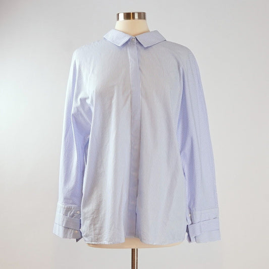 Zara Ribbon Tie Cotton Dress Shirt Blue Pinstripe - S