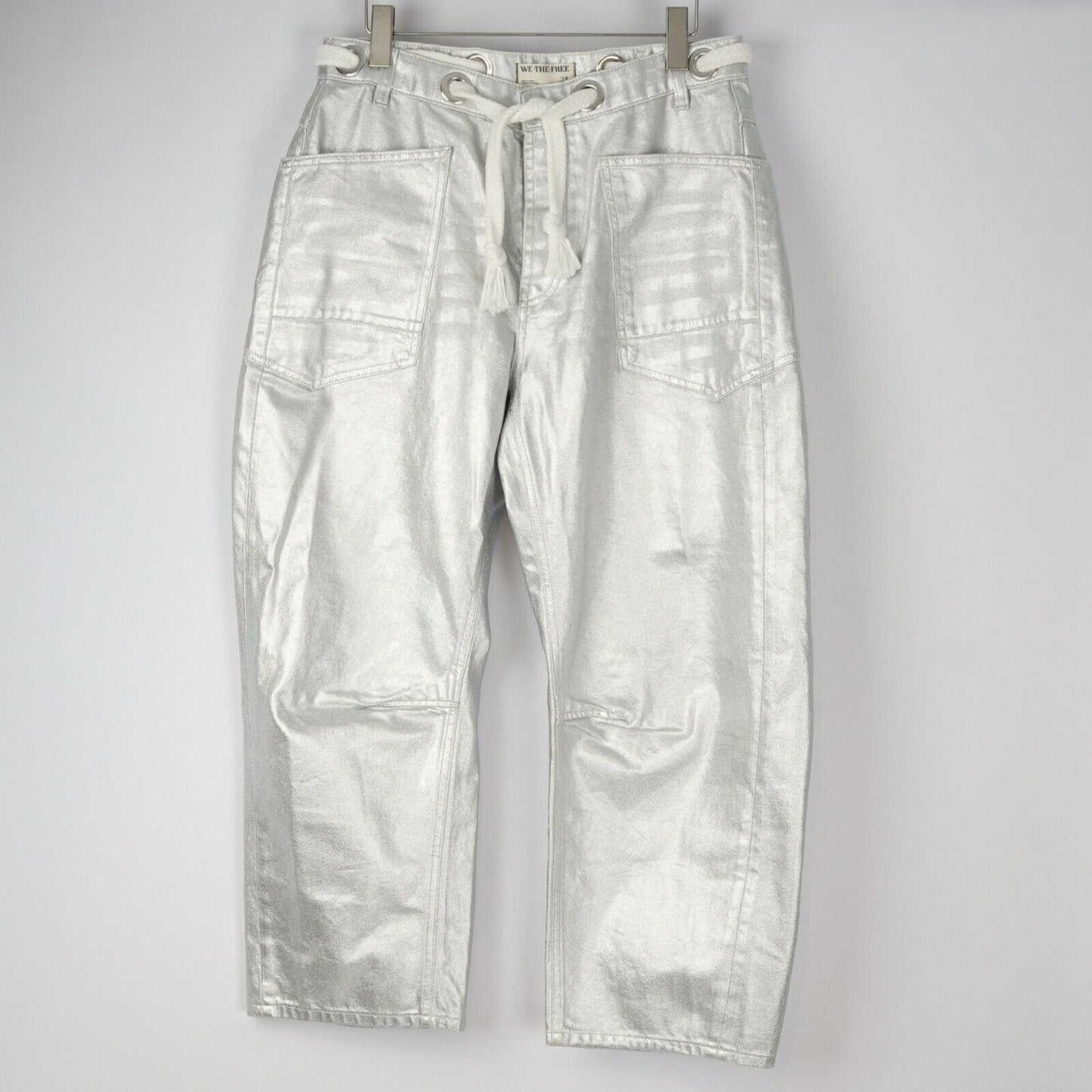 Free People Moxie Metallic Silver Low-Slung Barrel Jeans - 29