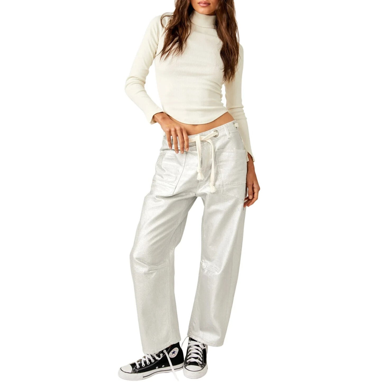 Free People Moxie Metallic Silver Low-Slung Barrel Jeans - 29