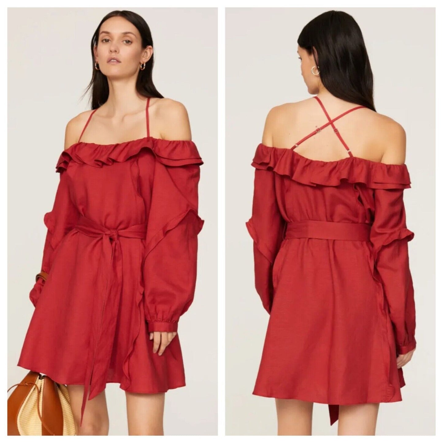 Marissa Webb Off Shoulder Linen Belted Ruffled Sundress - L
