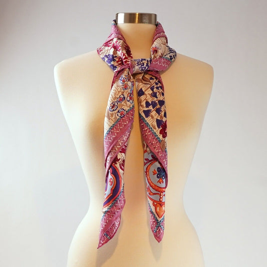 Longchamp Paris 100% Silk Scarf Floral Castle Pink - 34x34