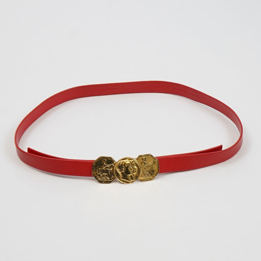 Vintage Red Belt Gold Tone Coin Buckle Adjustable - S/M