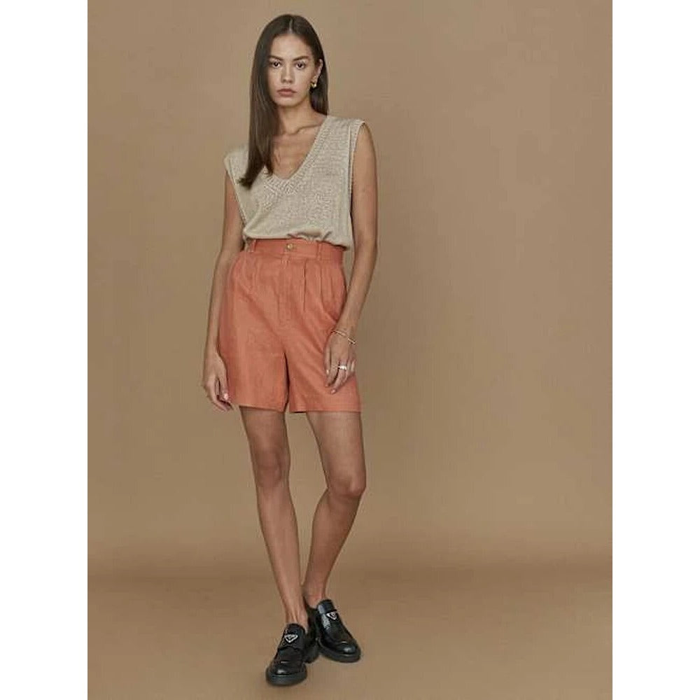 Reformation Bello Relaxed Pleated Linen Shorts Salmon - 6
