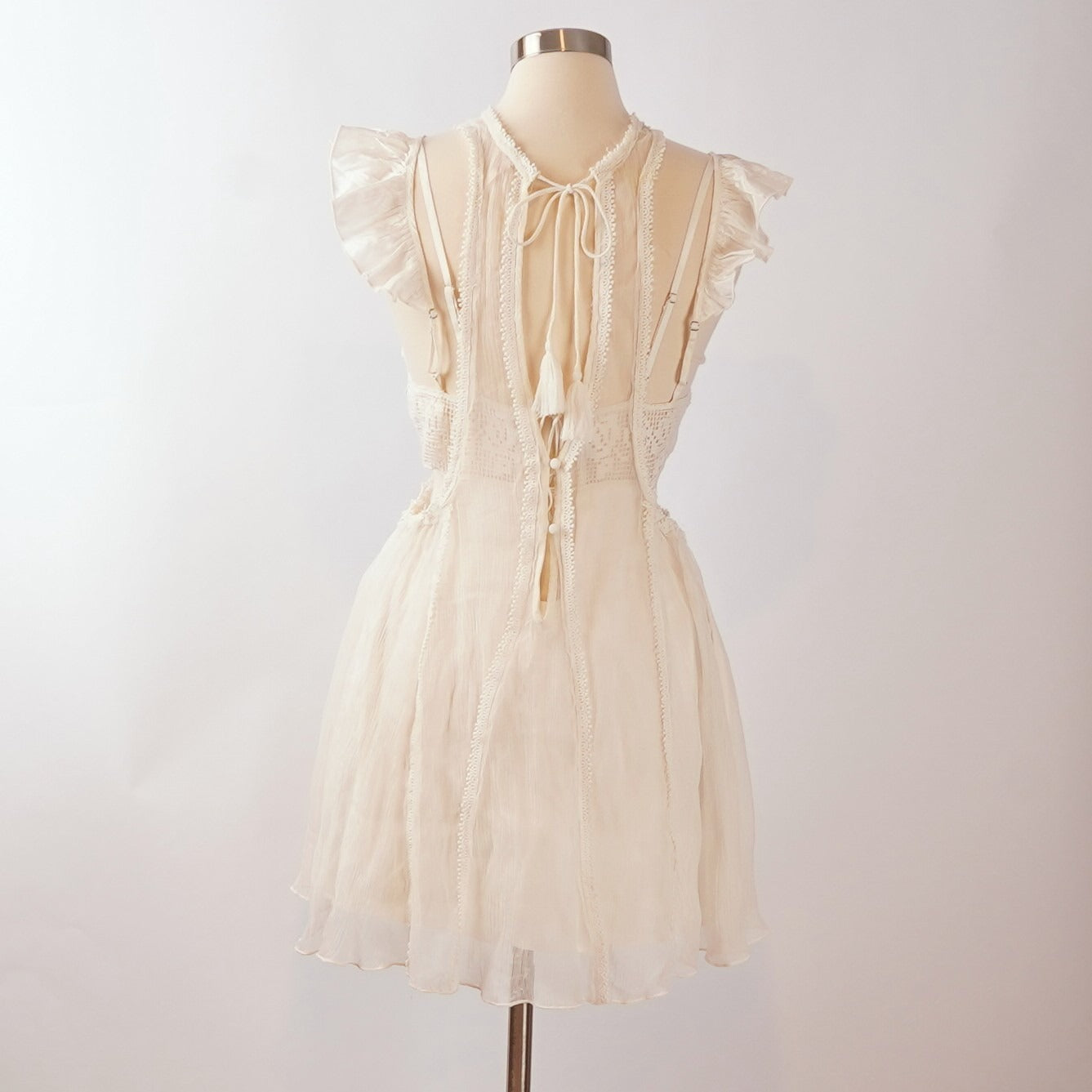 Free People Anna Twofer Lace Sheer Ruffles Crochet Overlay Mini Dress - S