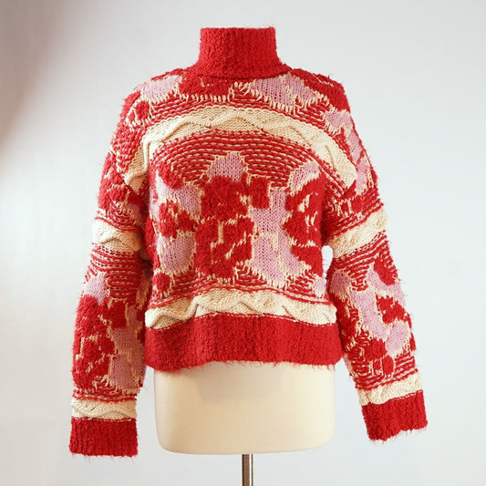 Zara Jacquard Knit Pink Red Sweater - M