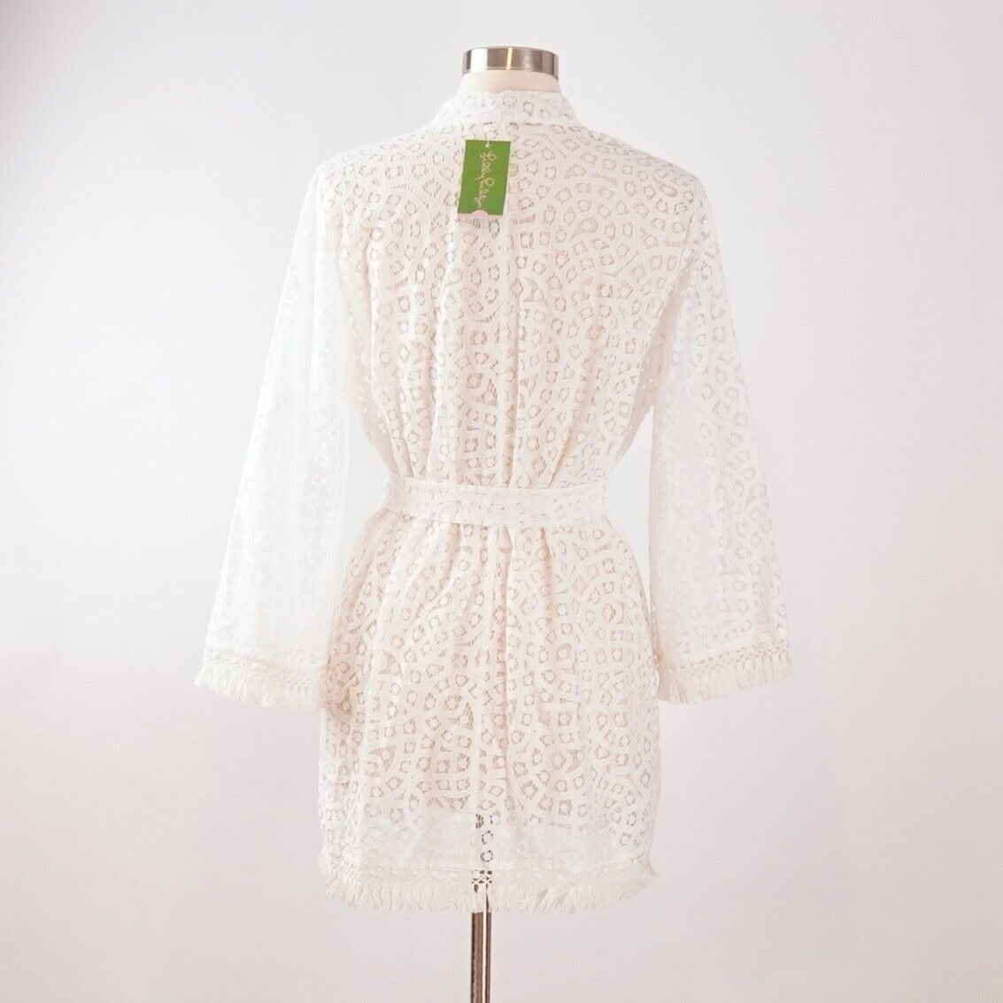 Lilly Pulitzer White Lace Carolyn Coverup Kimono Belted Fringe - M