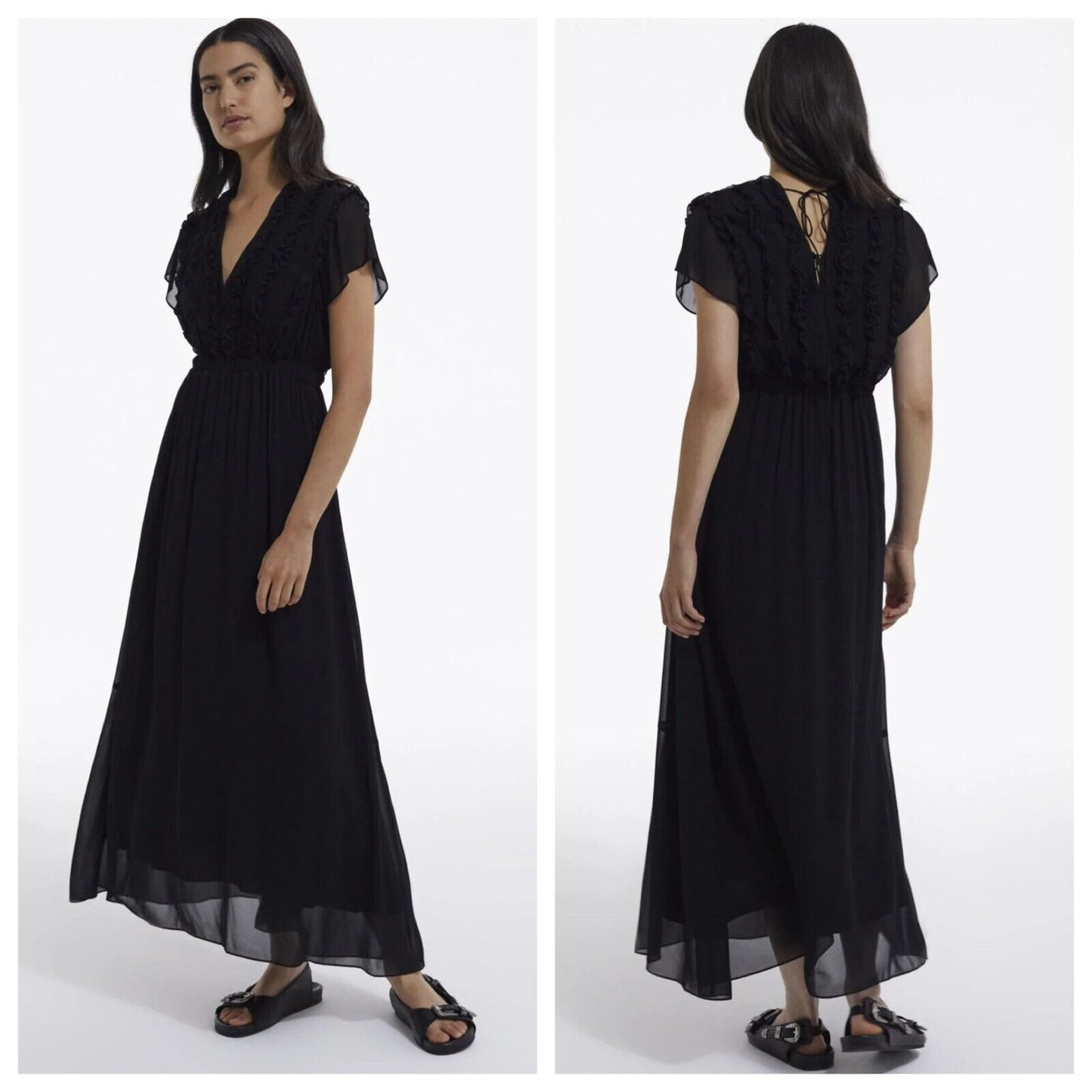 The Kooples Black Maxi Dress Ruffled Short Sleeve Dress - S