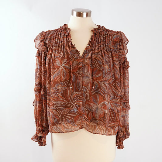 Olivaceous Brown Paisley Floral Ruffle Blouse - S