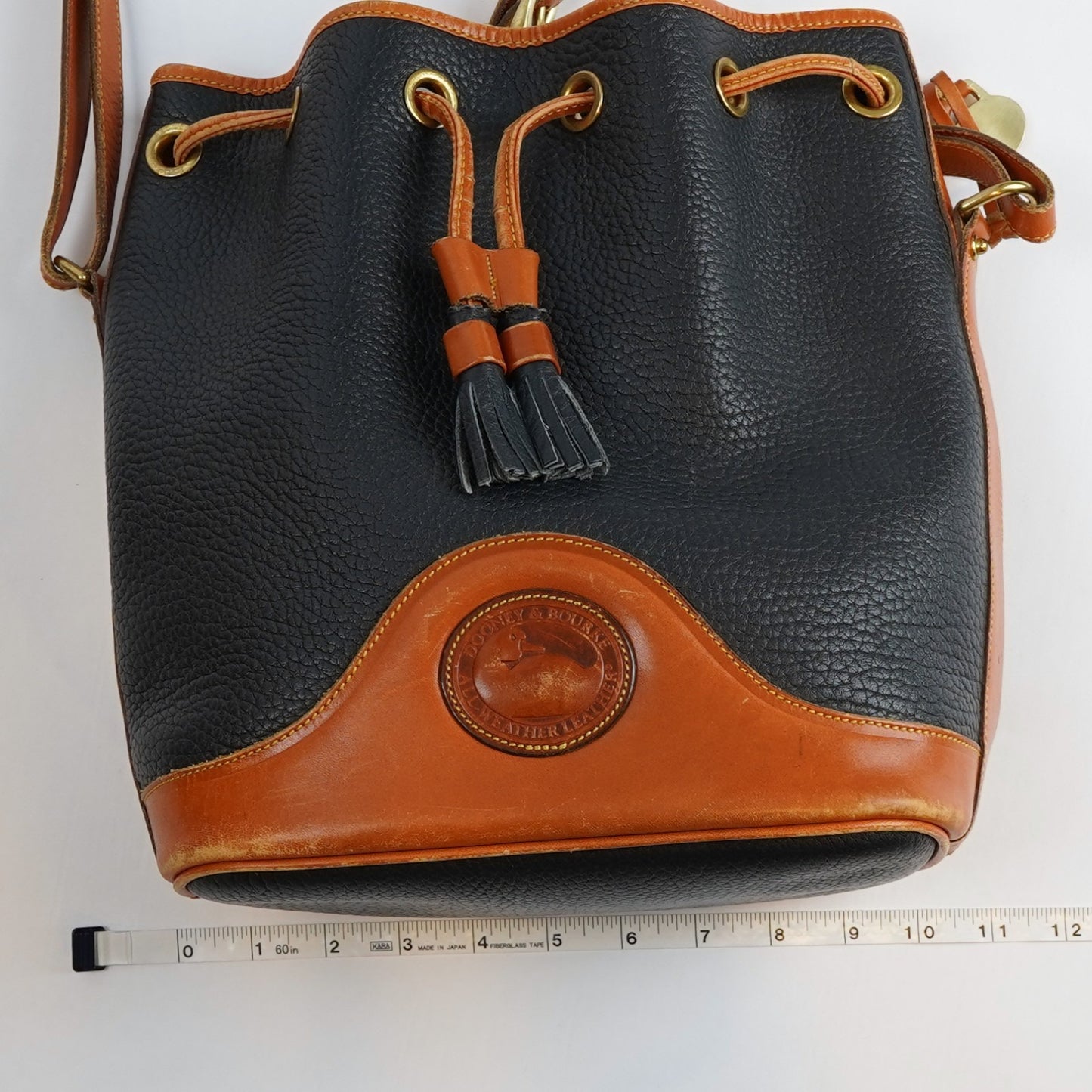 Dooney & Bourke Vintage Drawstring Bucket Bag Navy Brown Leather