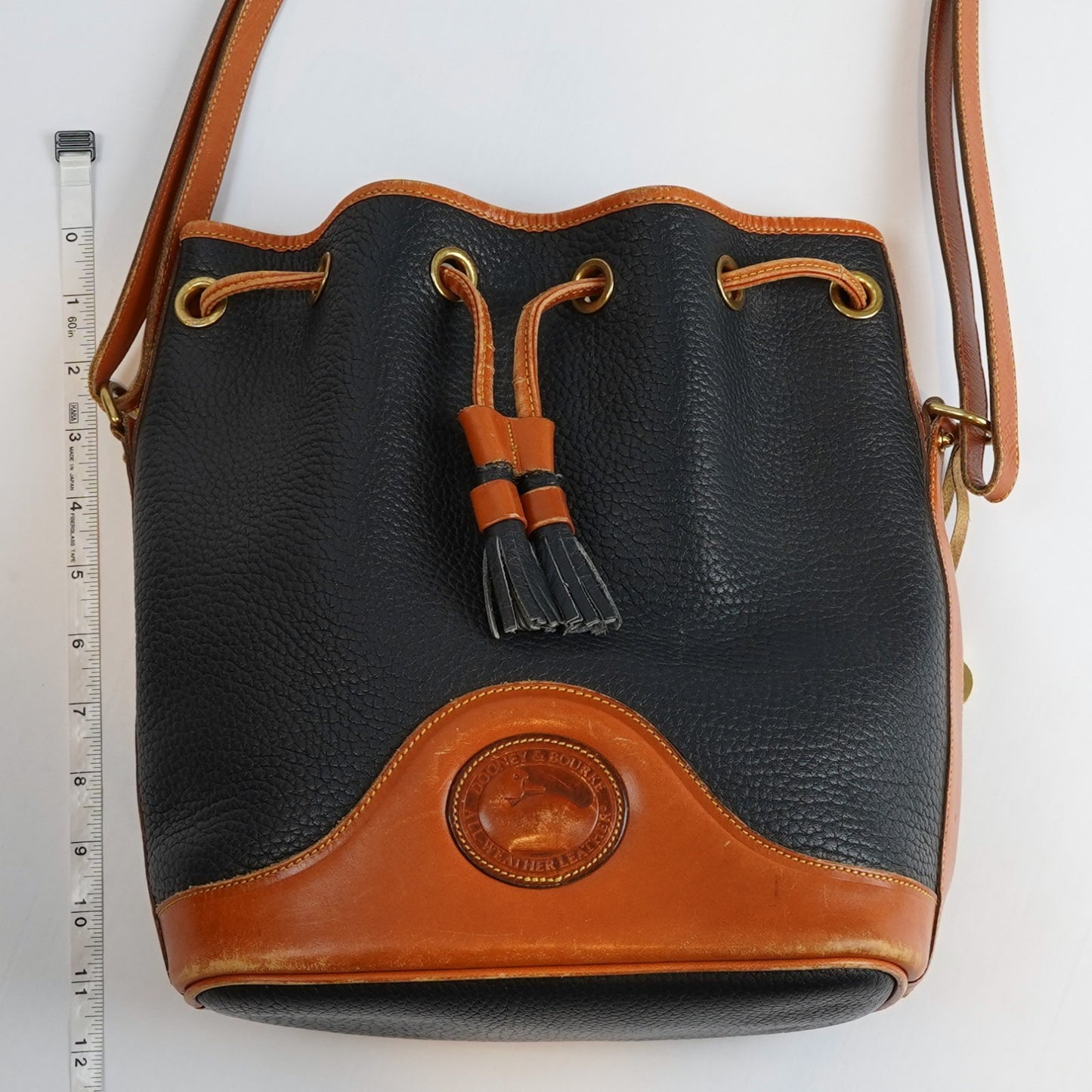 Dooney & Bourke Vintage Drawstring Bucket Bag Navy Brown Leather