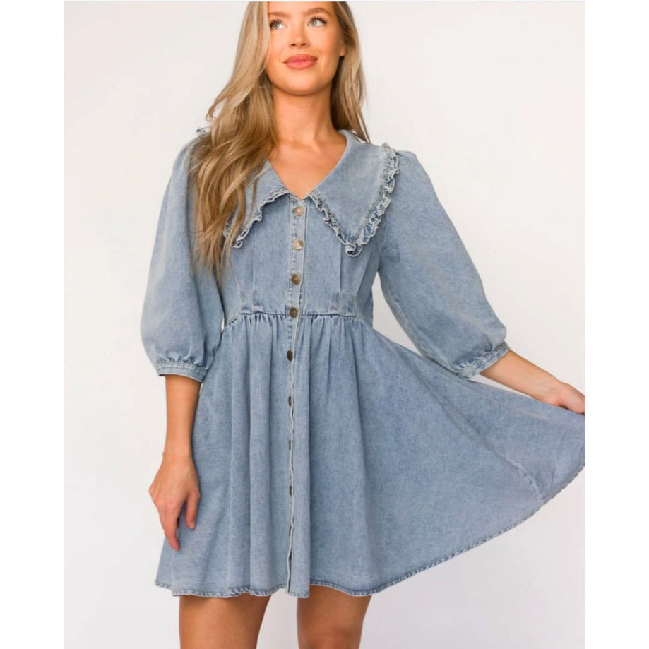 Sofie the Label Lainey Denim Mini Dress Peter Pan Collar - M