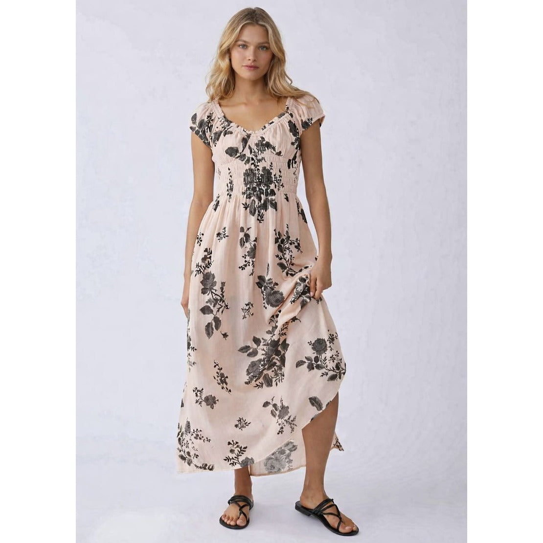 Free People Forget Me Not Maxi Dress Pastel Pink Floral Gauze Smocked - S