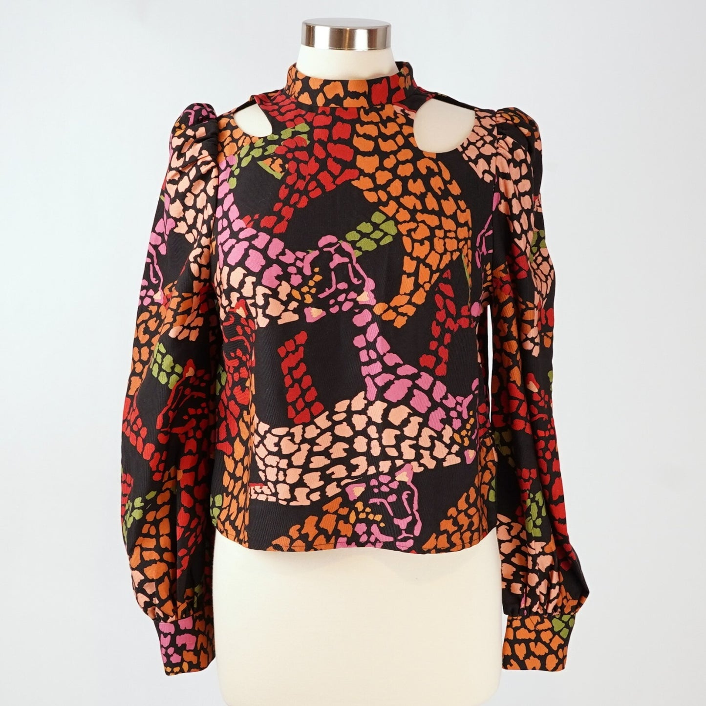 Farm Rio Leopard Long Sleeve Blouse Cutouts Black Multi - M