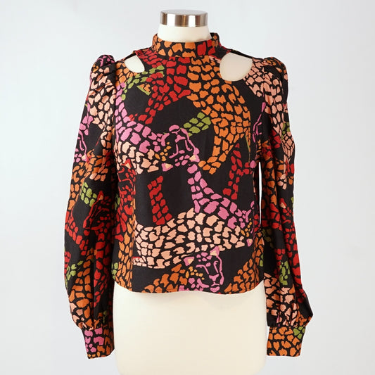 Farm Rio Leopard Long Sleeve Blouse Cutouts Black Multi - M
