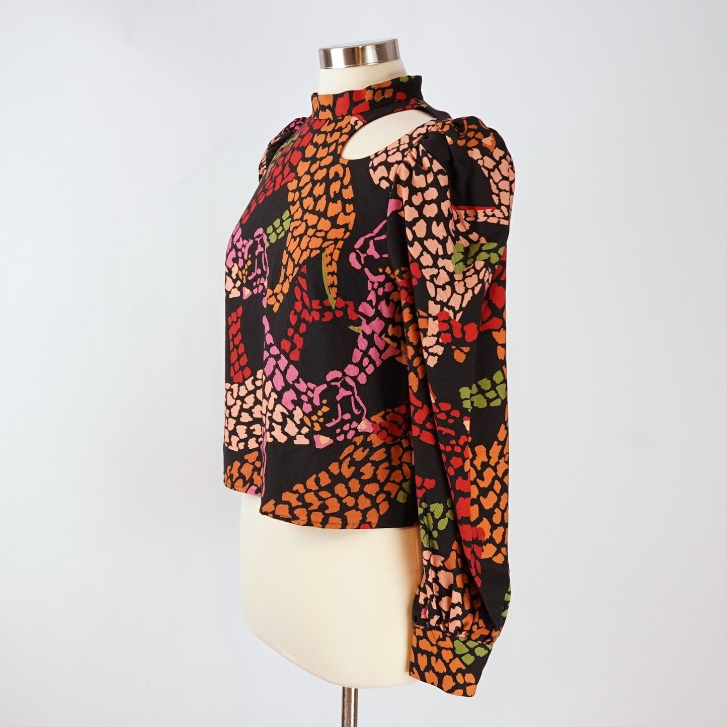 Farm Rio Leopard Long Sleeve Blouse Cutouts Black Multi - M