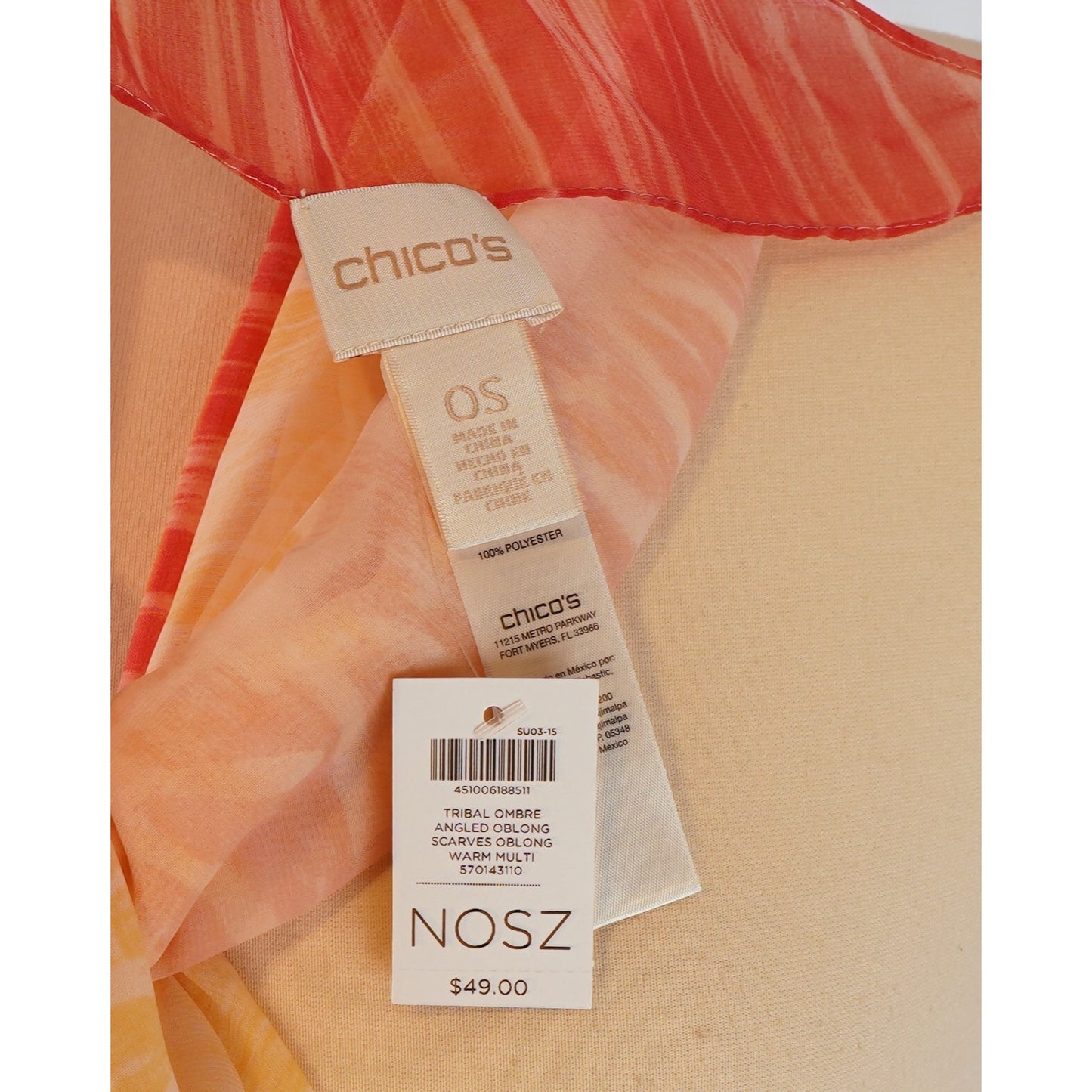 Chicos Salmon Yellow Ombre Angled Oblong Scarf/Sarong