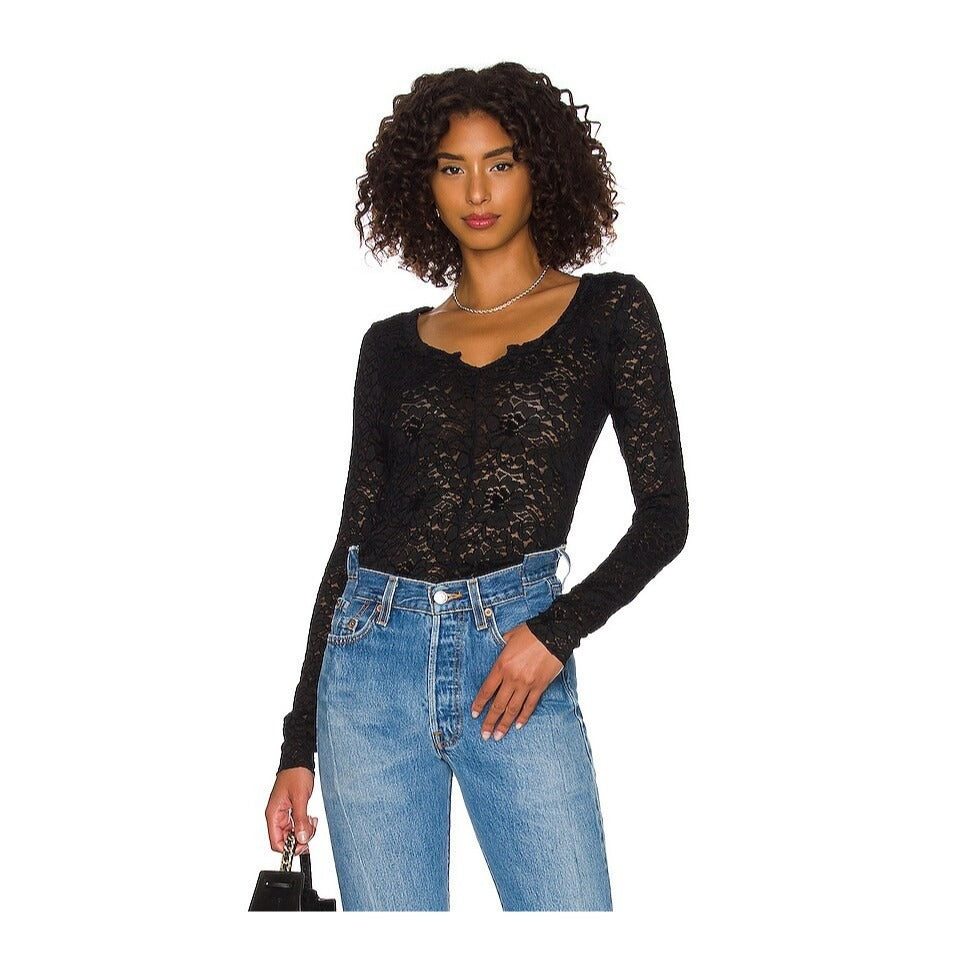 Free People Cloud Ride Notch Long Sleeve Black Floral Lace - L