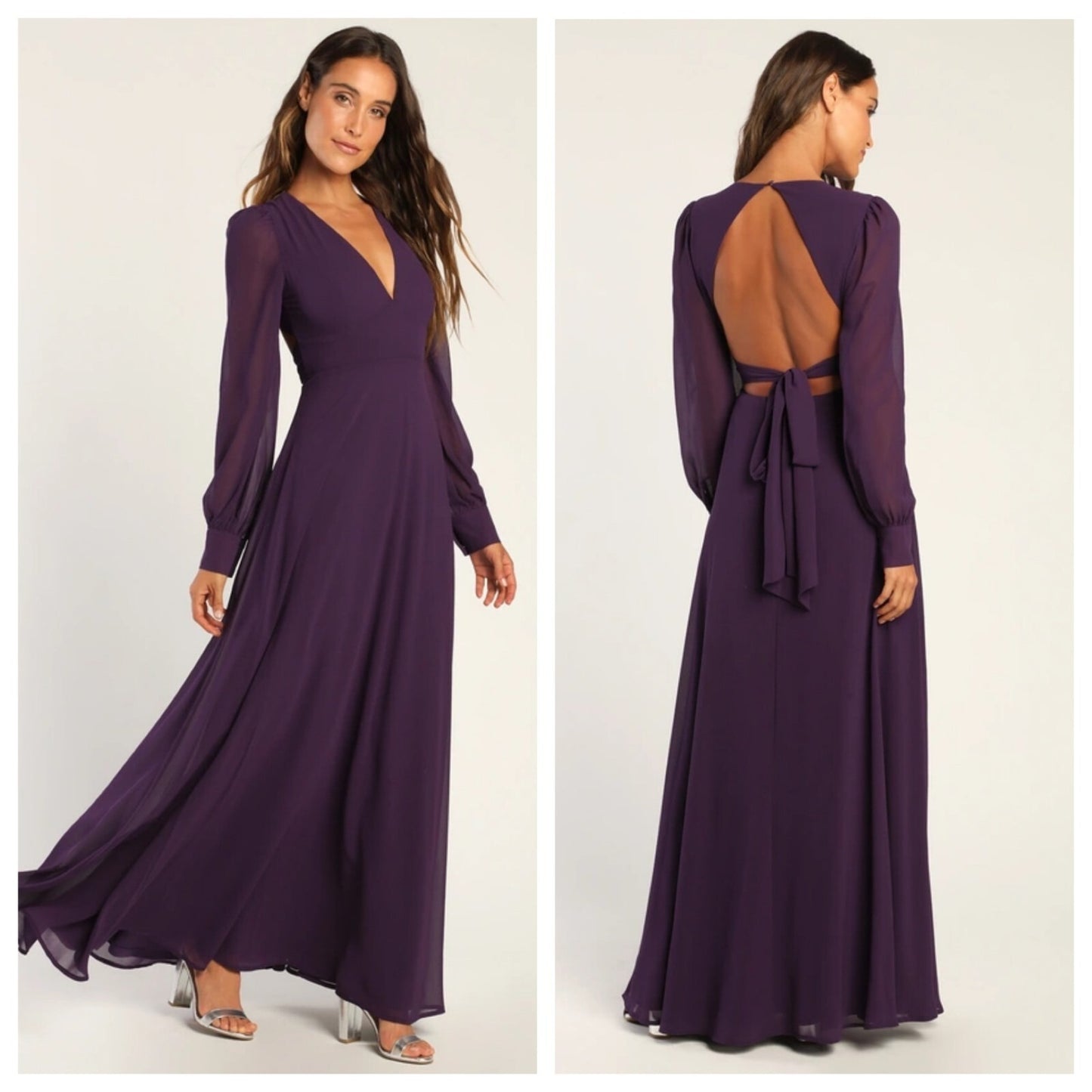 Lulu's Talk About Divine Purple Long Sleeve Backless Maxi Dress - M