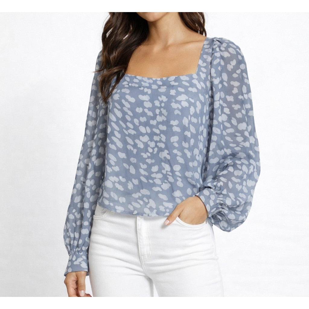 Lucca Square Neck Animal Print Blouse Long Sleeve Dusty Blue - S