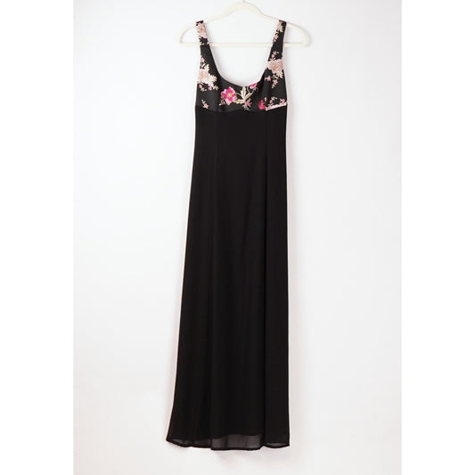 Cache Black Formal Maxi Dress Pink Floral Embroidered - Vintage 8