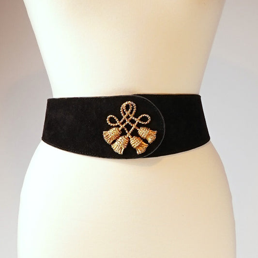 Anne Klein Vintage Suede Wide Statement Belt Black Gold - S