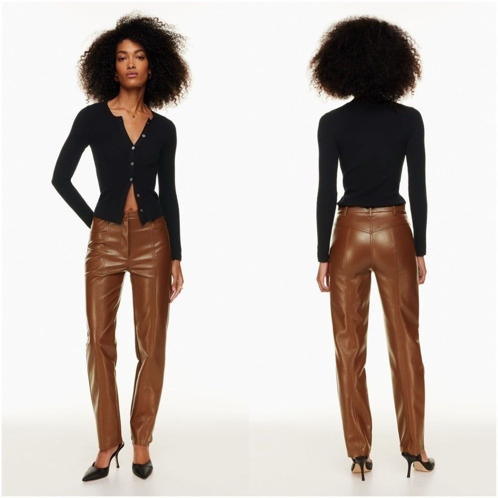 Aritzia Wilfred Rebel Vegan Leather Pants High Waisted Straight Leg Brown - 8