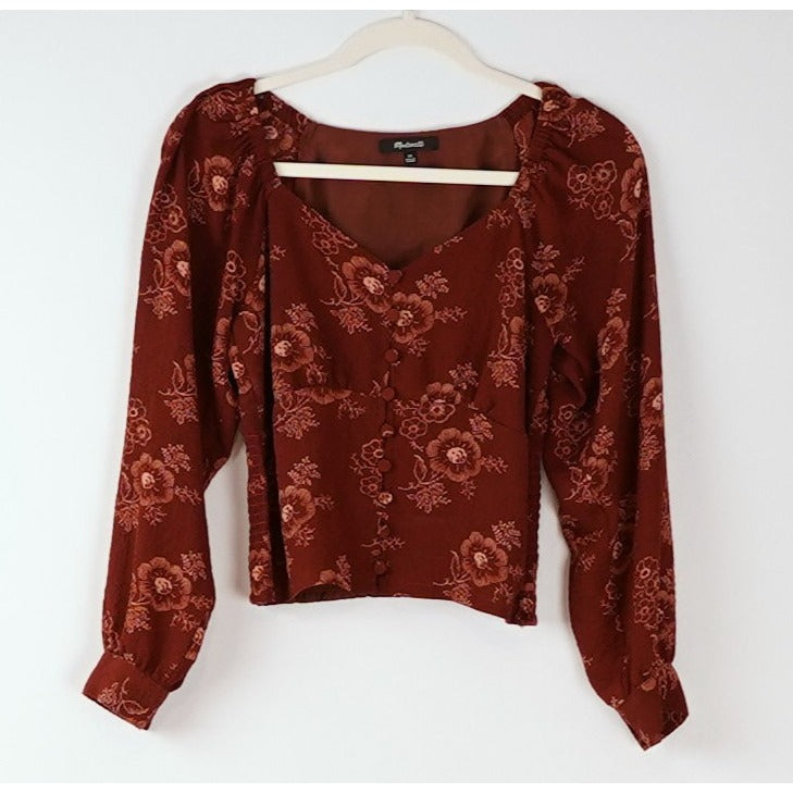 Madewell Preston Puff Sleeve Blouse Burgundy Letterpress Floral - XS