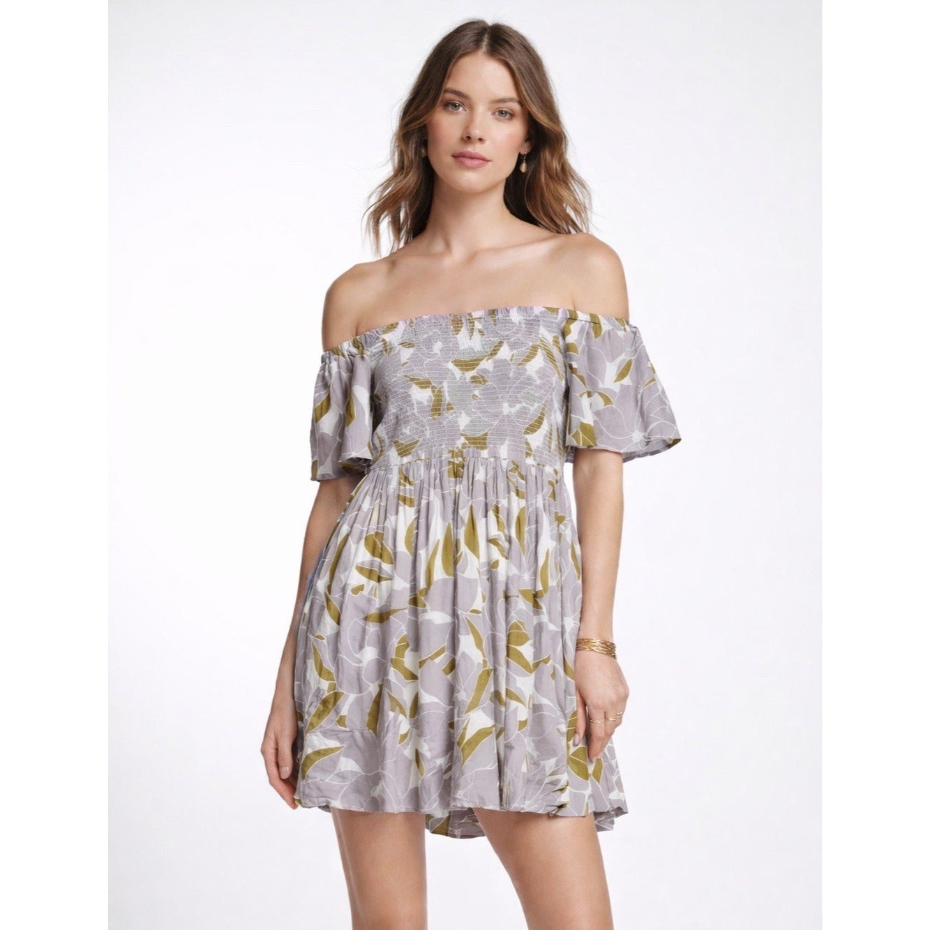 Free people Louise Smocked Off Shoulder Mini Dress Purple Floral - M