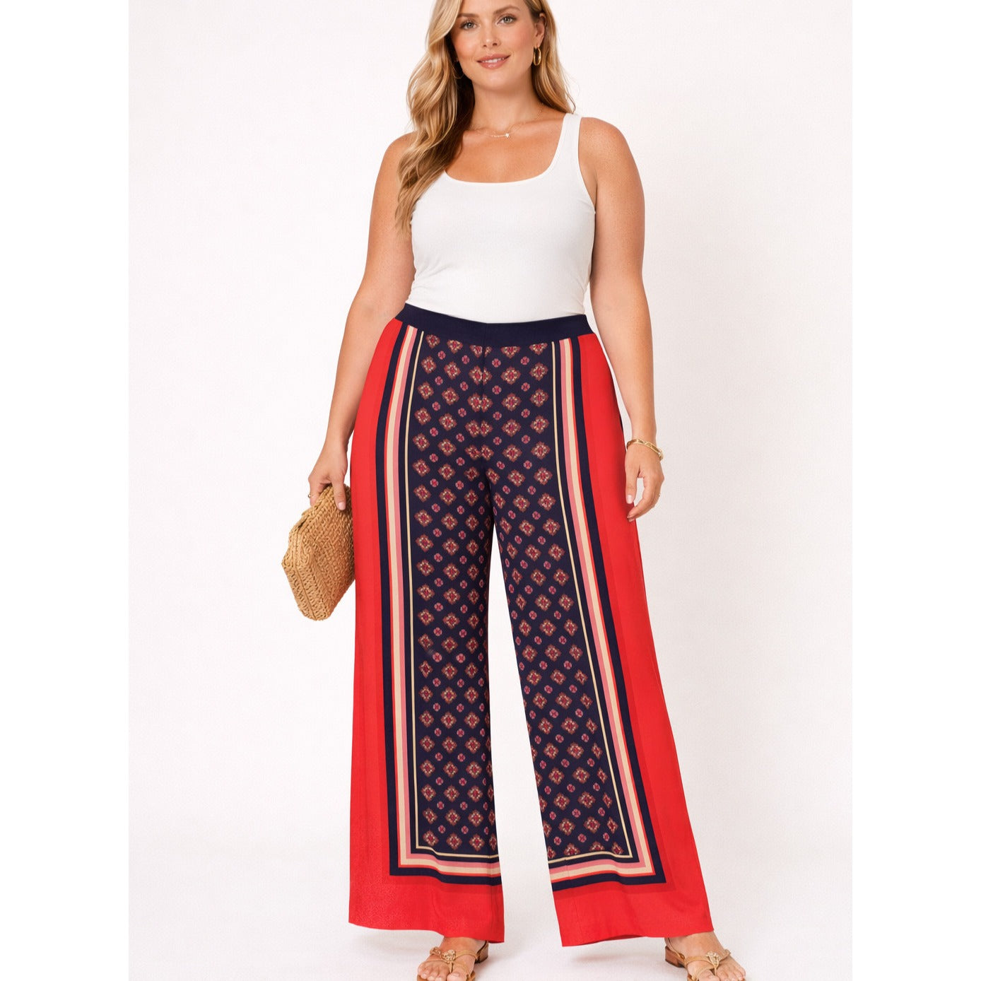 Charter Club Wide Leg Palazzo Trouser Pants Pink Blue Scarf Print - L