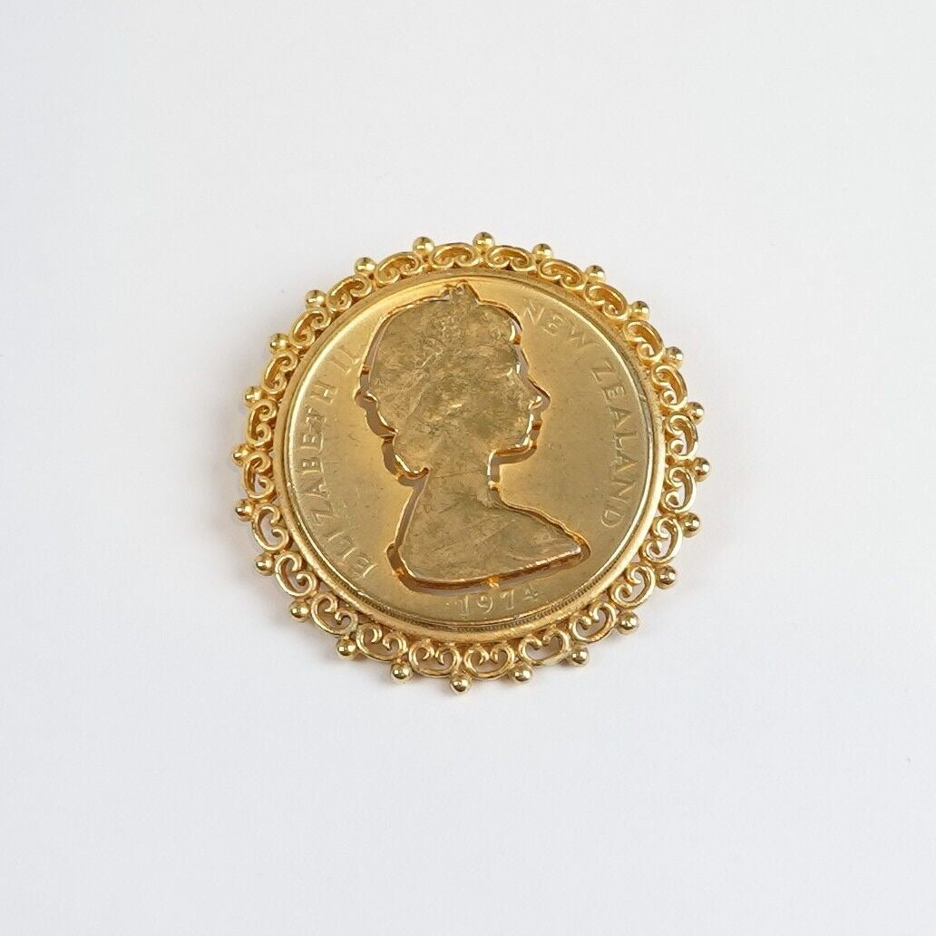 1974 Elizabeth II New Zealand Framed Cut Coin Brooch Gold Tone