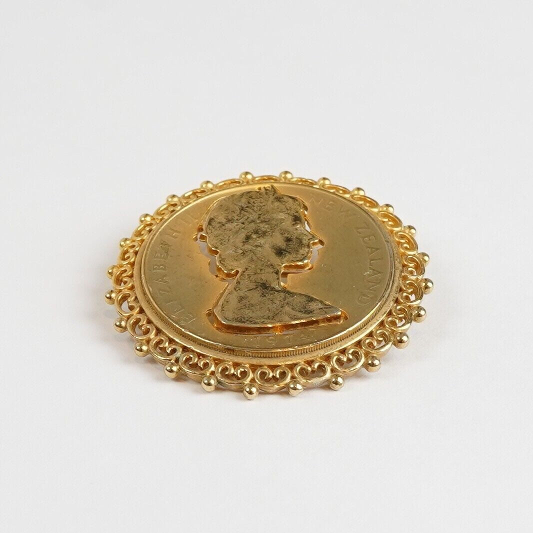 1974 Elizabeth II New Zealand Framed Cut Coin Brooch Gold Tone