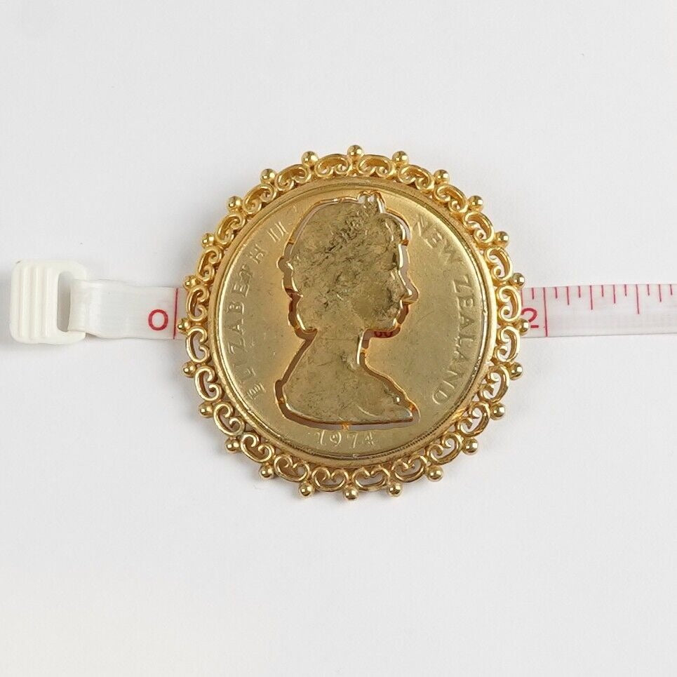 1974 Elizabeth II New Zealand Framed Cut Coin Brooch Gold Tone