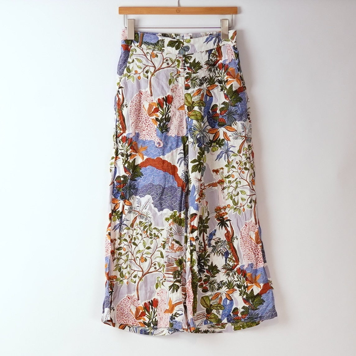 Nicole Miller 100% Linen Wide Leg Crop Pants Tropical Print - S