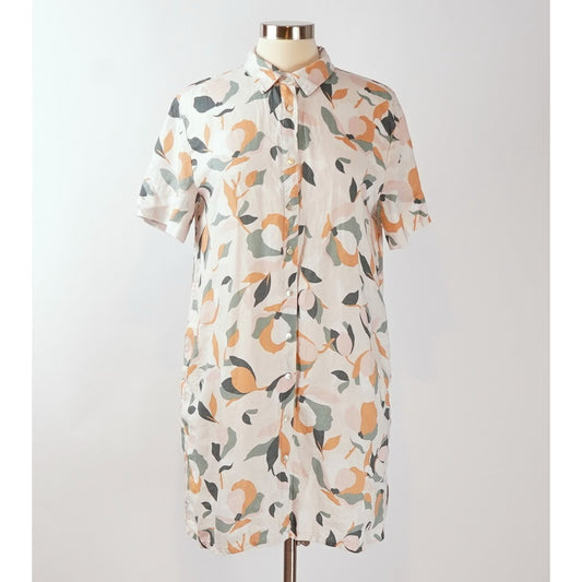Rachel Zoe Linen Floral Short Sleeve Button Front Shirt Dress - M