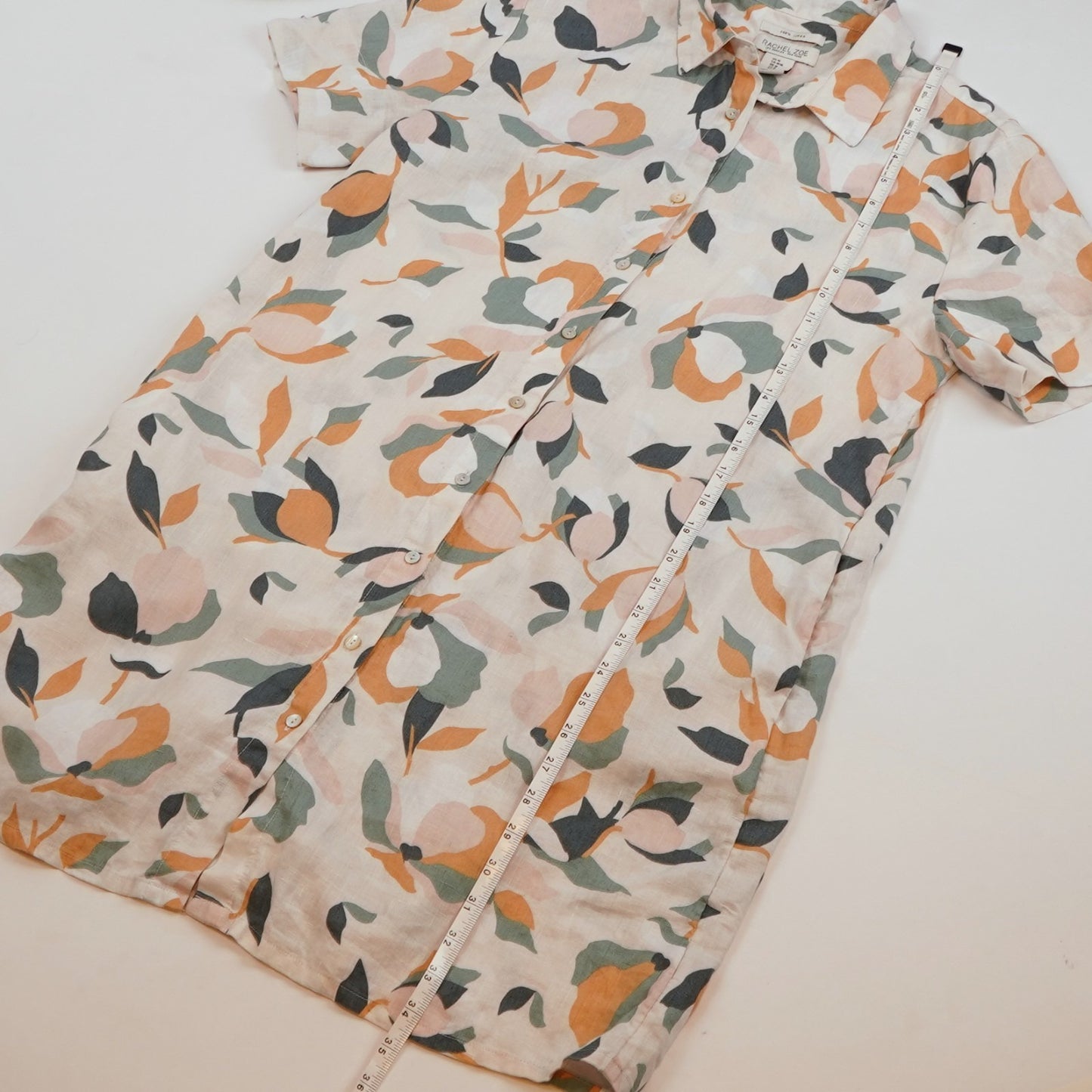 Rachel Zoe Linen Floral Short Sleeve Button Front Shirt Dress - M