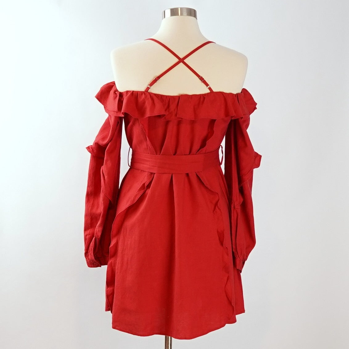 Marissa Webb Off Shoulder Linen Belted Ruffled Sun Dress - XS