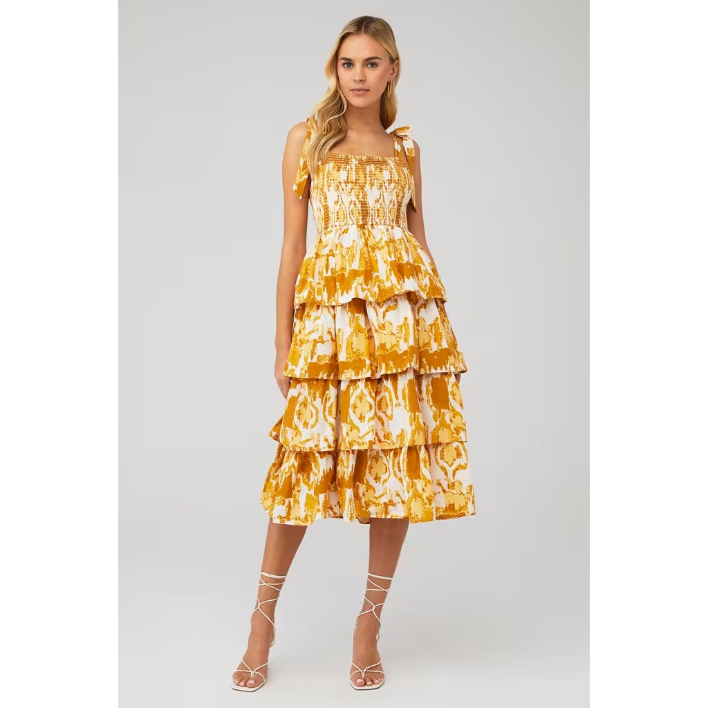Cleobella Shae Midi Dress Yellow Watercolor Ikat Print - M