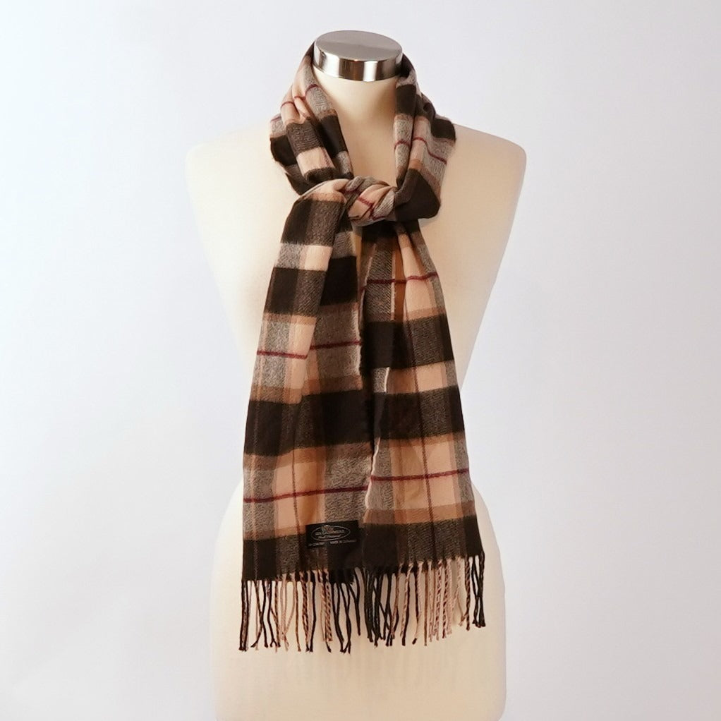 Cashmere Scarf Wrap Brown Plaid Tartan Made In Germany