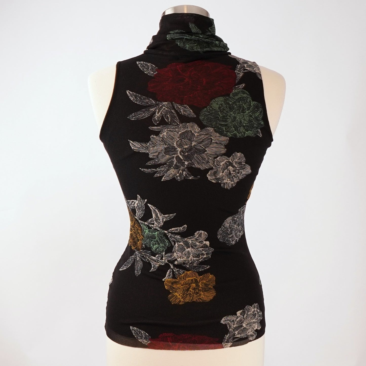 Petit Pois x Viviana G Sleeveless High Collar Top Black Floral Mesh - M