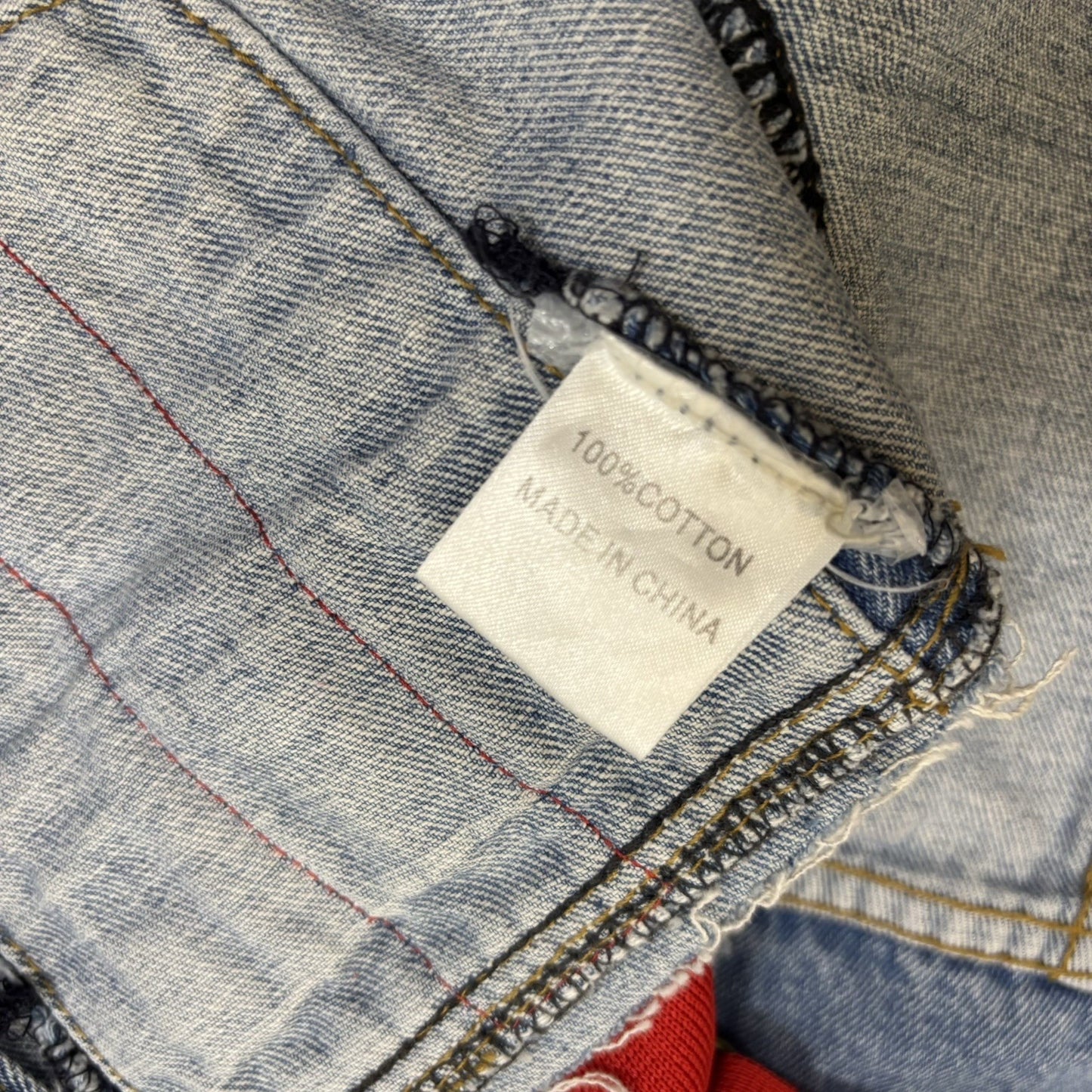 Carmar Cropped Denim Jacket Cutout Red Ribbon Pop Finlay Sebastian Strap - XS