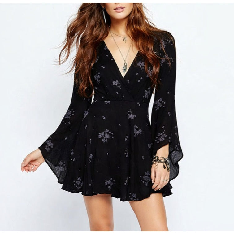 Free People Jasmine Embroidered Bell Sleeve Mini Dress Black - 2