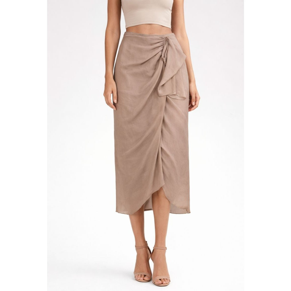 BCBGMaxAzria Stella Asymmetrical Gathered Midi Skirt in Beige Satin - S