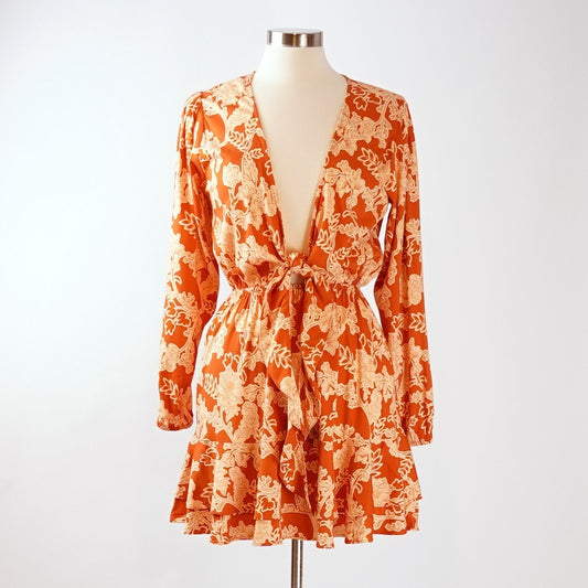 Shore Brand Orange Floral Mini Dress Long Sleeves Ruffle Hem - S