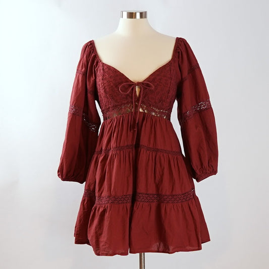 Free People All Mine Crochet Embroidered Mini Dress in Mulberry - M