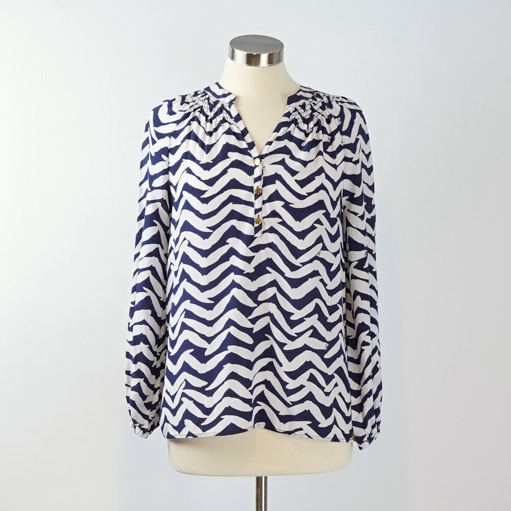 Lilly Pulitzer Elsa Silk Long Sleeve Blouse Navy Bird - S