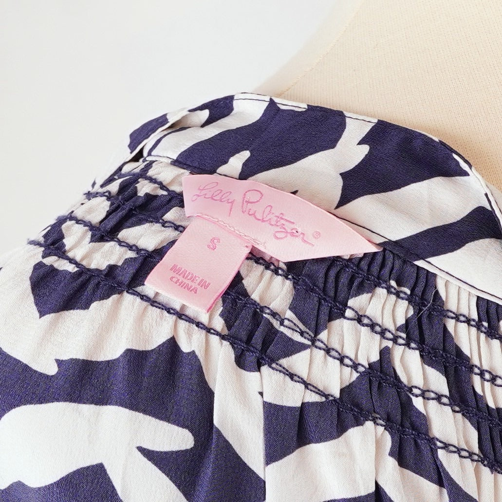 Lilly Pulitzer Elsa Silk Long Sleeve Blouse Navy Bird - S