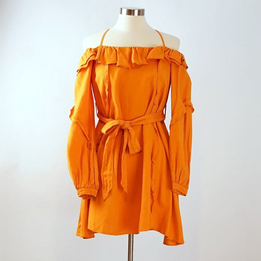 Marissa Webb Off Shoulder Linen Belted Ruffled Sun Dress - 2