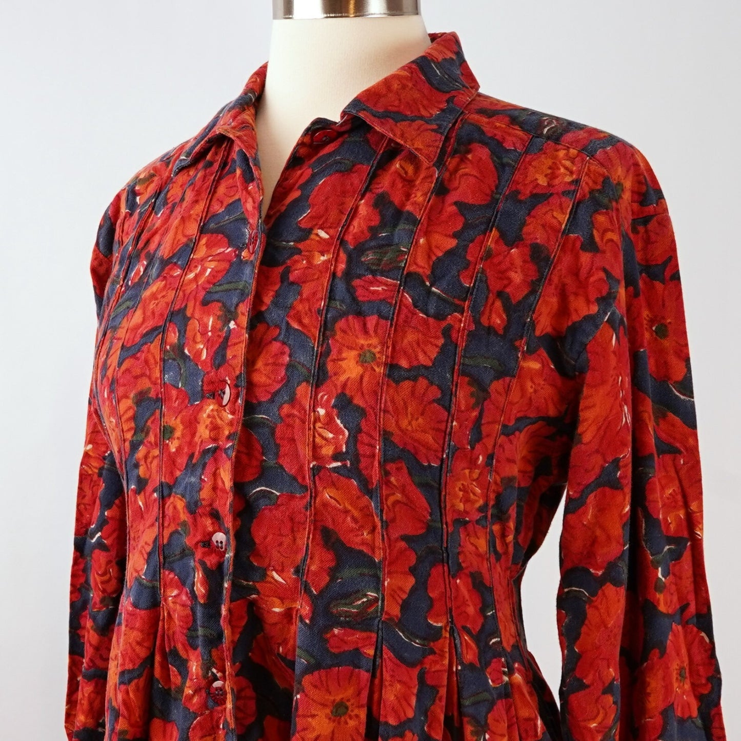 Anokhi Red Poppy Floral Midi Shirt Dress - 8 - Vintage 80's